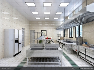 现代酒店后厨3D模型效果图赏析 冰箱、洗手台、油烟机与炉灶的完美设计